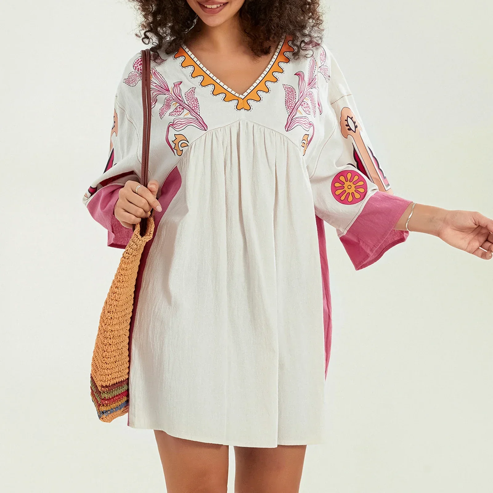 Lässiges Oversize Boho Damen Minikleid mit 3/4 Ärmeln - Image 3
