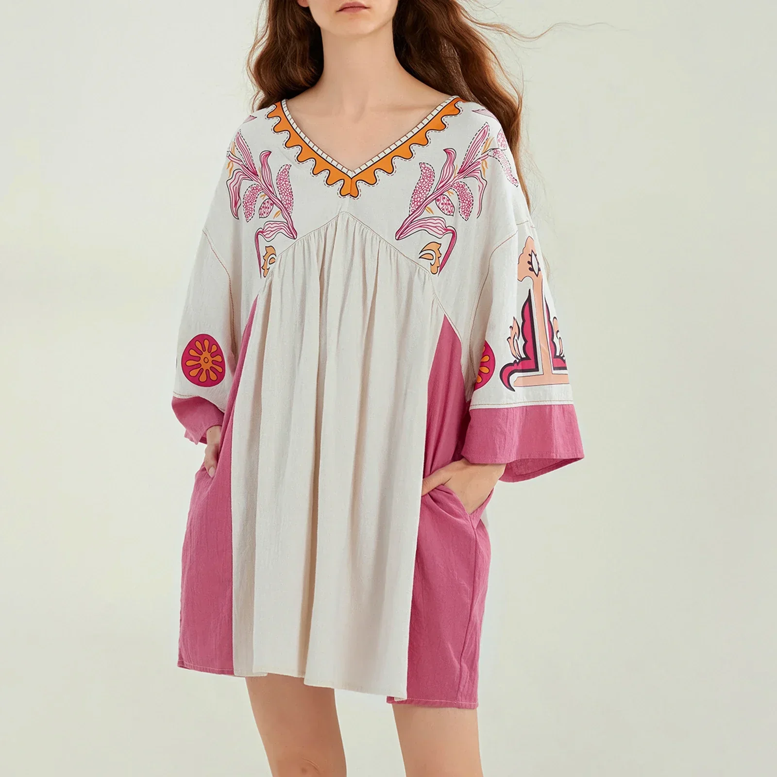 Lässiges Oversize Boho Damen Minikleid mit 3/4 Ärmeln - Image 4