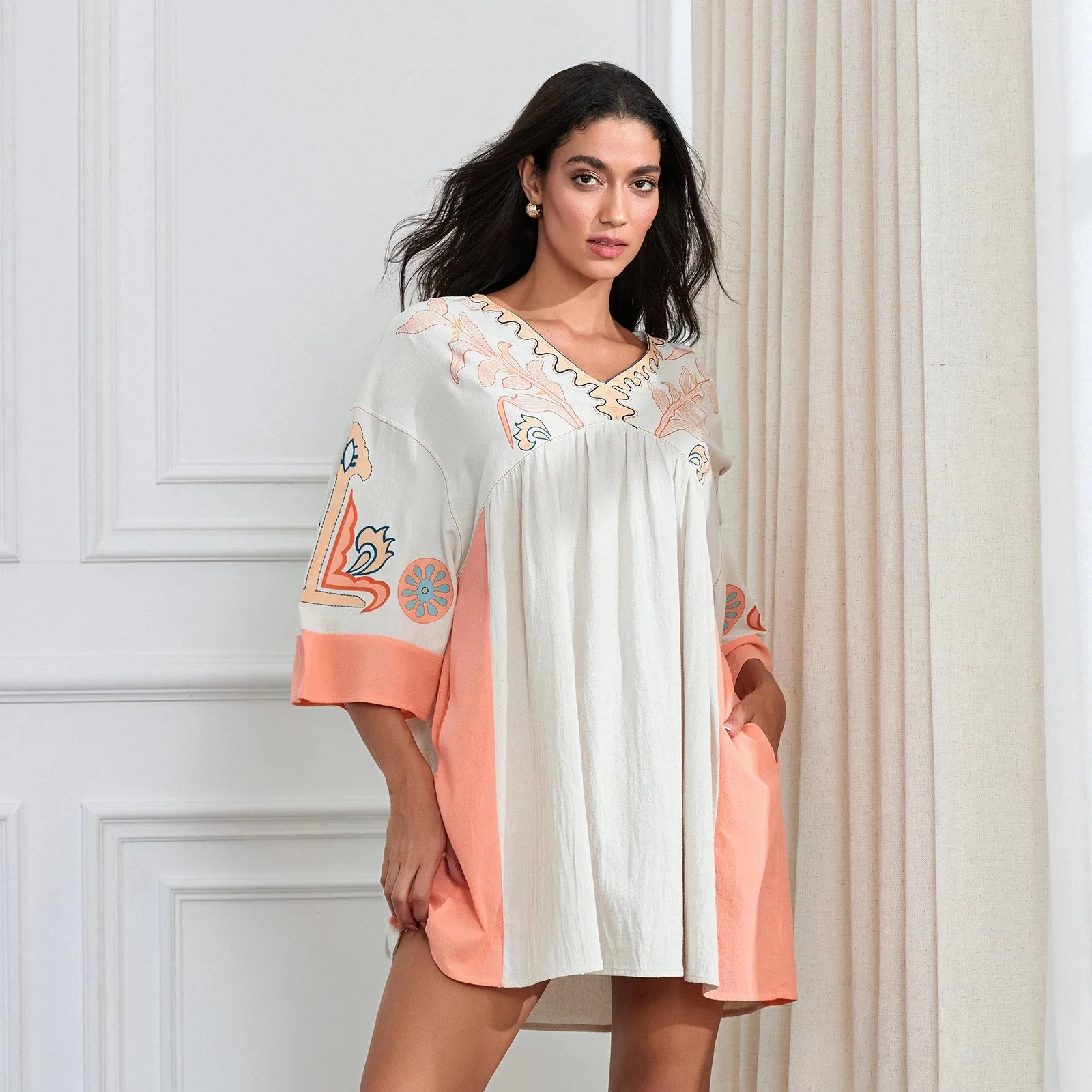 Lässiges Oversize Boho Damen Minikleid mit 3/4 Ärmeln - Image 47