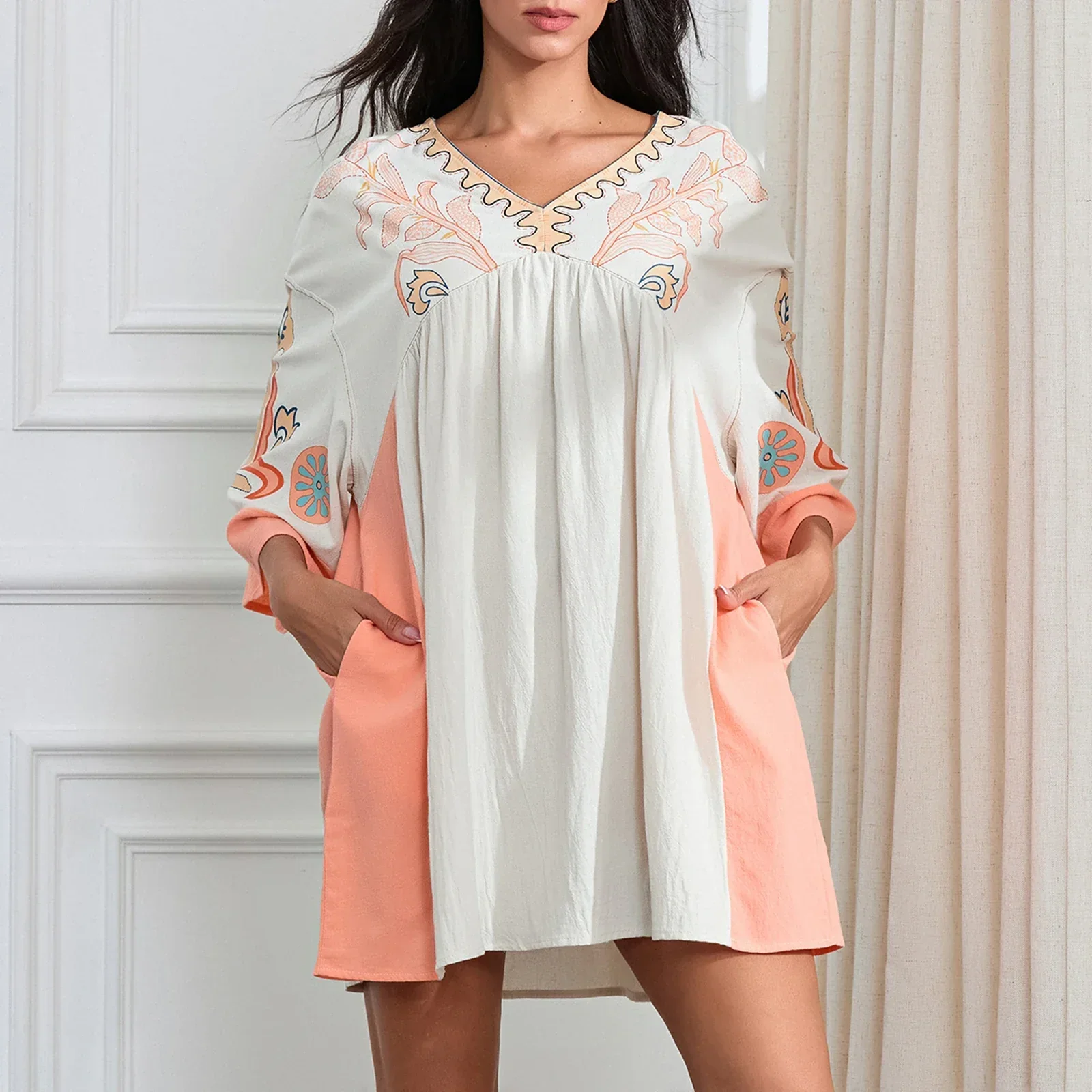Lässiges Oversize Boho Damen Minikleid mit 3/4 Ärmeln - Image 6
