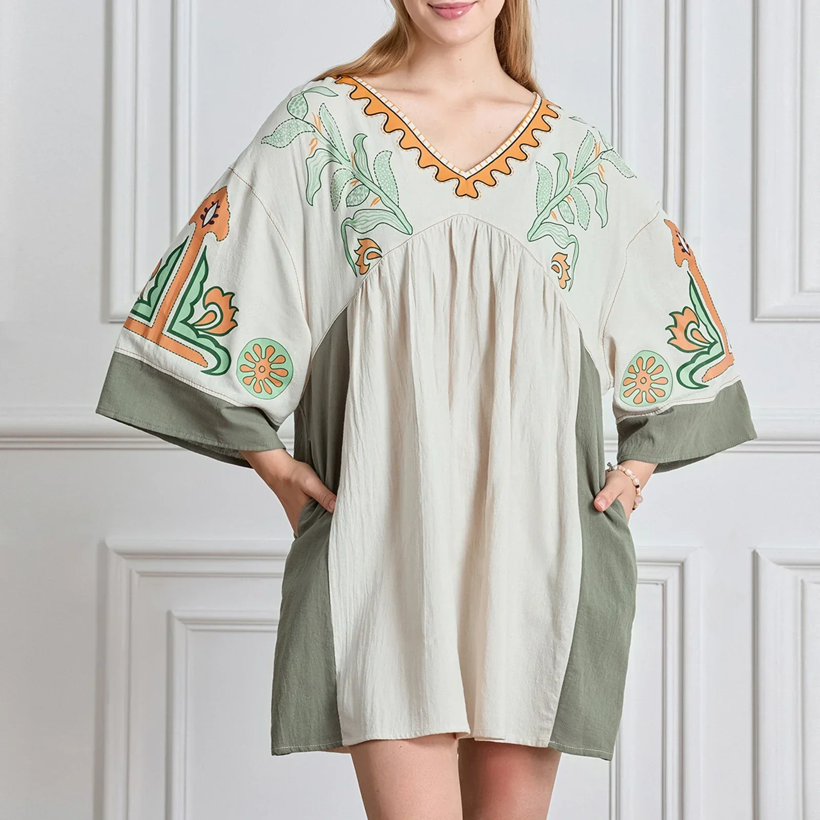 Lässiges Oversize Boho Damen Minikleid mit 3/4 Ärmeln - Image 7