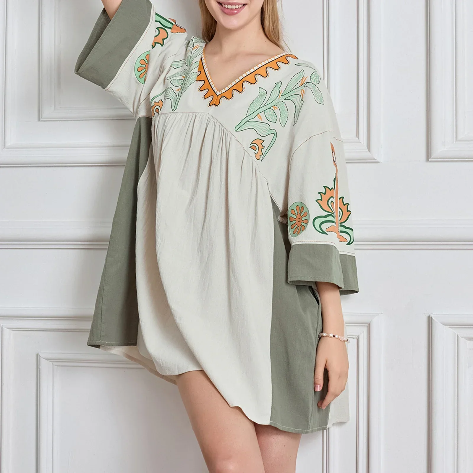 Lässiges Oversize Boho Damen Minikleid mit 3/4 Ärmeln - Image 9