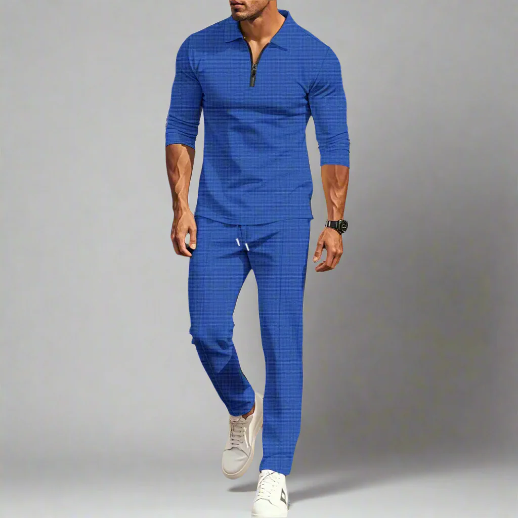 Lässiges Streetwear-Set für Herren – einfarbiges Langarm-Oberteil mit halbem Reißverschluss und passende Hose, leicht und atmungsaktiv - Image 2