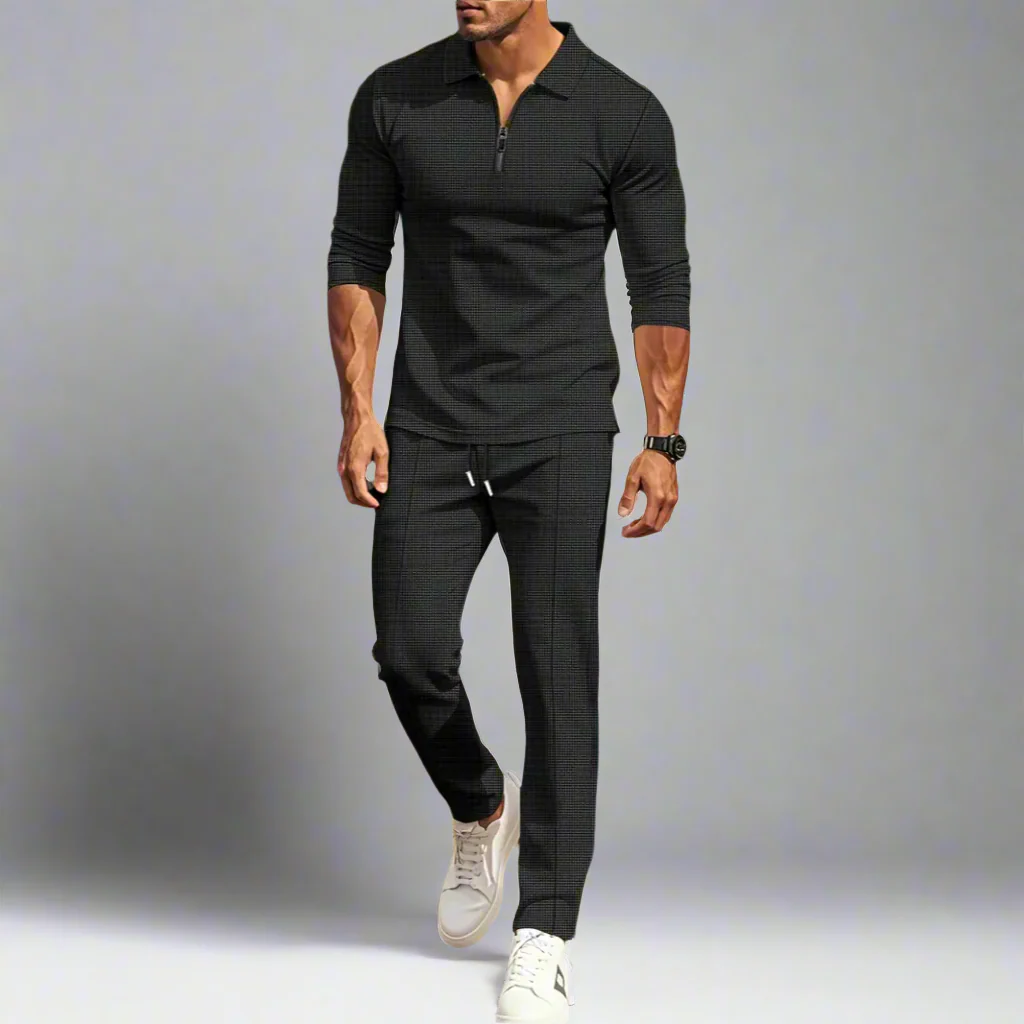 Lässiges Streetwear-Set für Herren – einfarbiges Langarm-Oberteil mit halbem Reißverschluss und passende Hose, leicht und atmungsaktiv - Image 3