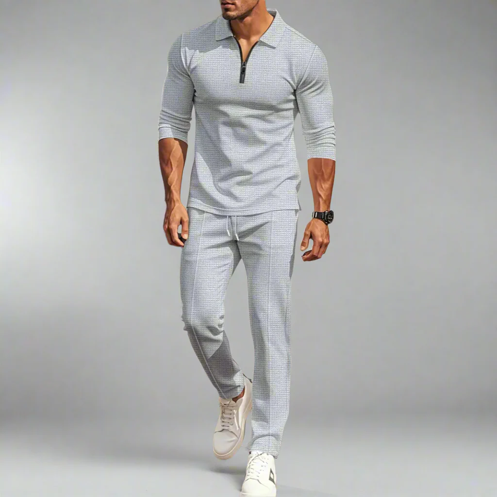 Lässiges Streetwear-Set für Herren – einfarbiges Langarm-Oberteil mit halbem Reißverschluss und passende Hose, leicht und atmungsaktiv - Image 4