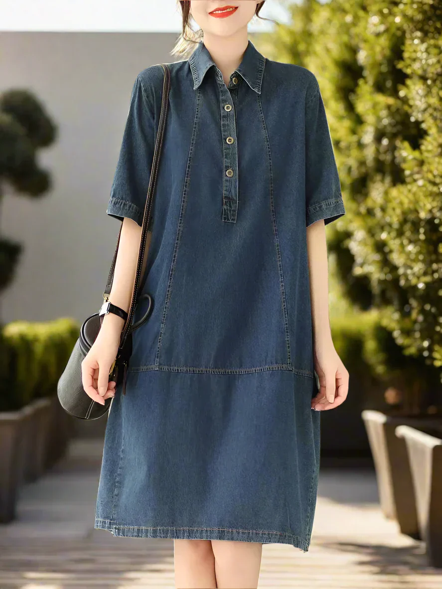 Lässiges Vintage Damen Jeanskleid Knielang Halber Arm - Image 2