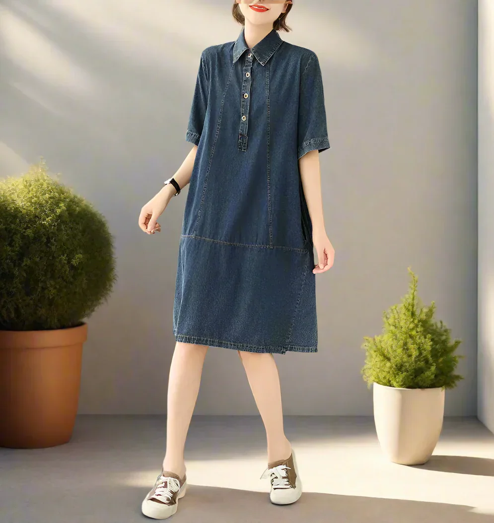 Lässiges Vintage Damen Jeanskleid Knielang Halber Arm - Image 3