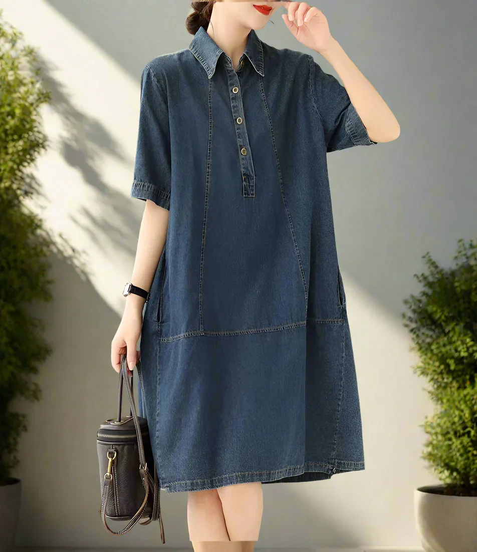 Lässiges Vintage Damen Jeanskleid Knielang Halber Arm - Image 4