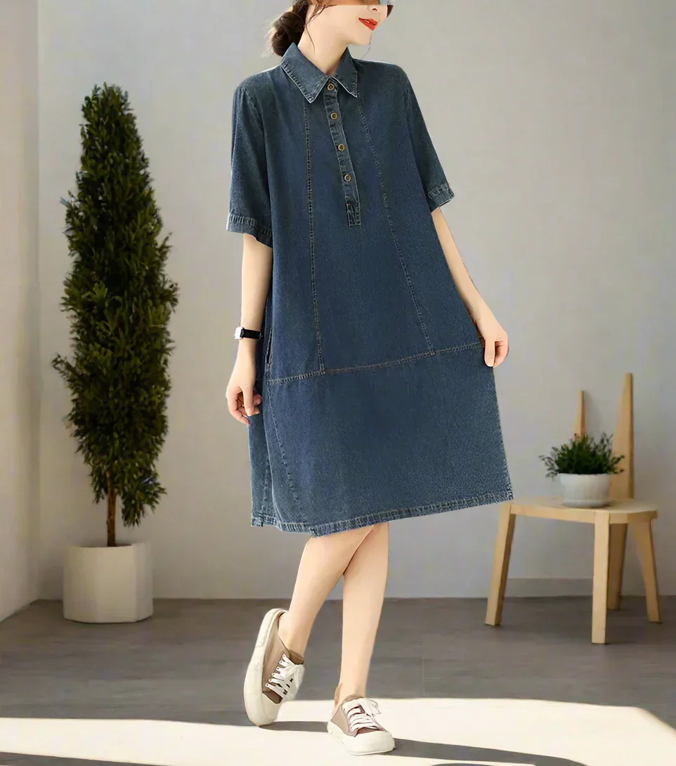 Lässiges Vintage Damen Jeanskleid Knielang Halber Arm - Image 5