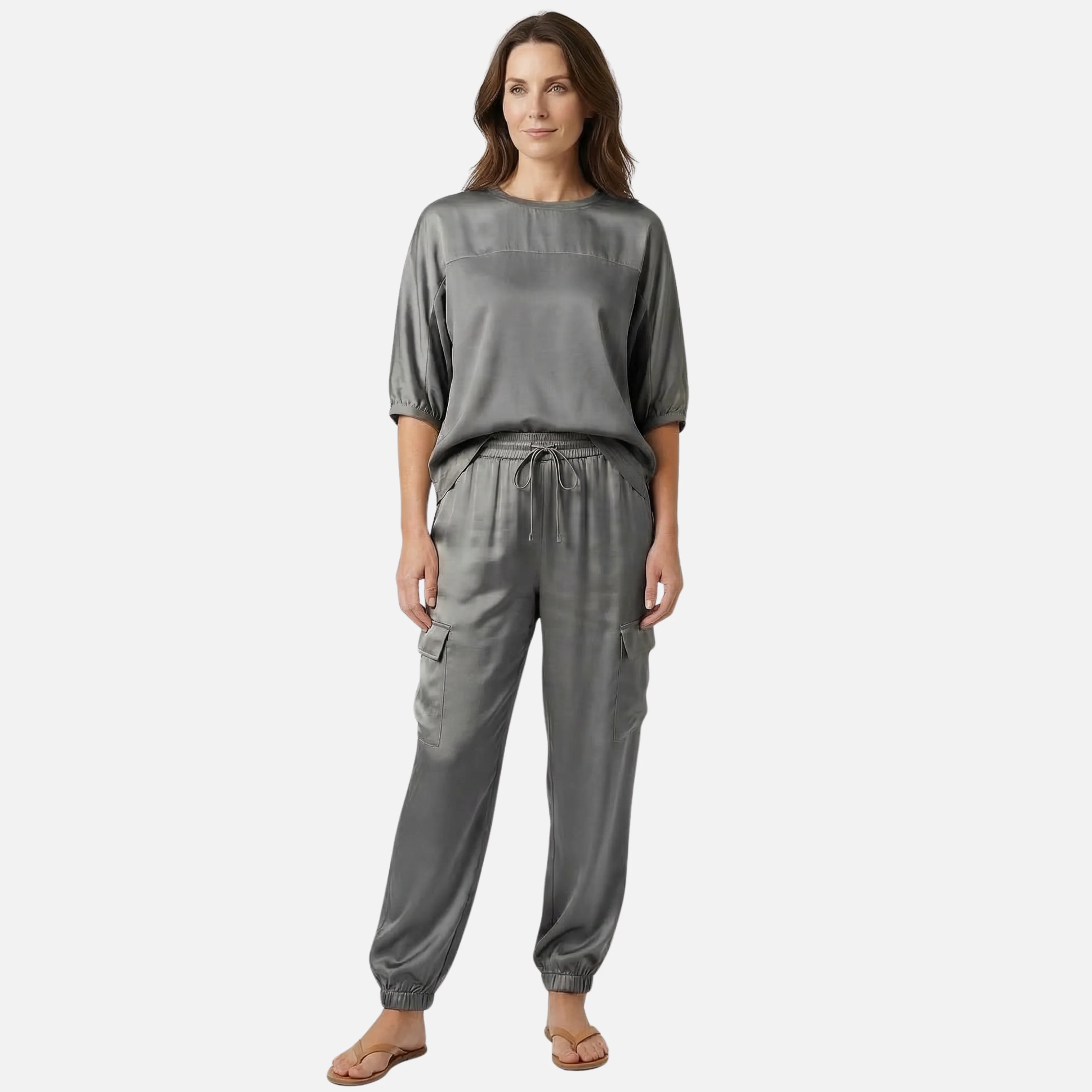 Anika | Damen Leichtes Satin Set Lockere Kurzarmbluse Hose – Satin Pyjama Set Elegant - Image 2