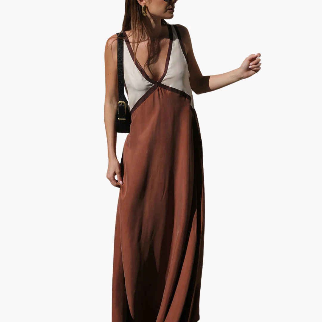 Leichtes V-Ausschnitt Maxi-Kleid für Frauen - Farbblock Design - Image 2