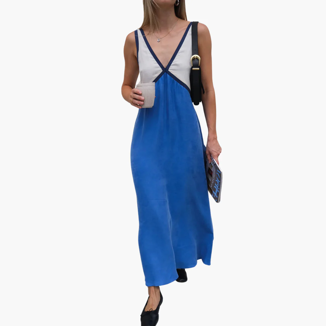 Leichtes V-Ausschnitt Maxi-Kleid für Frauen - Farbblock Design - Image 5