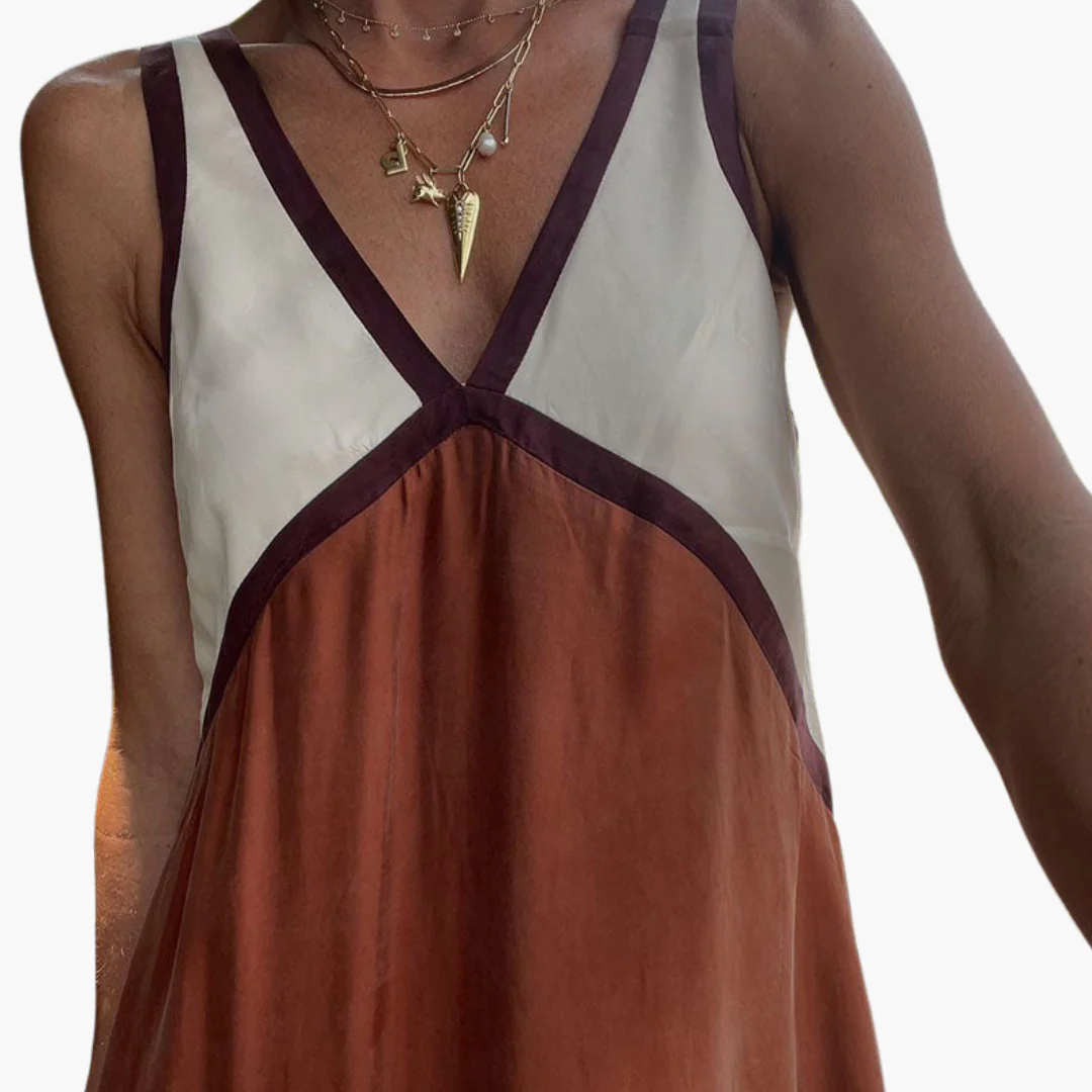 Leichtes V-Ausschnitt Maxi-Kleid für Frauen - Farbblock Design - Image 7