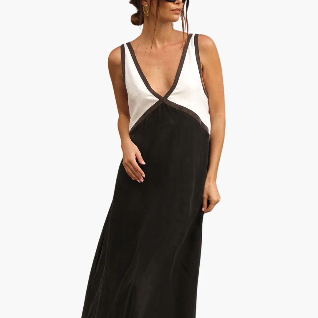 Leichtes V-Ausschnitt Maxi-Kleid für Frauen - Farbblock Design - Image 8
