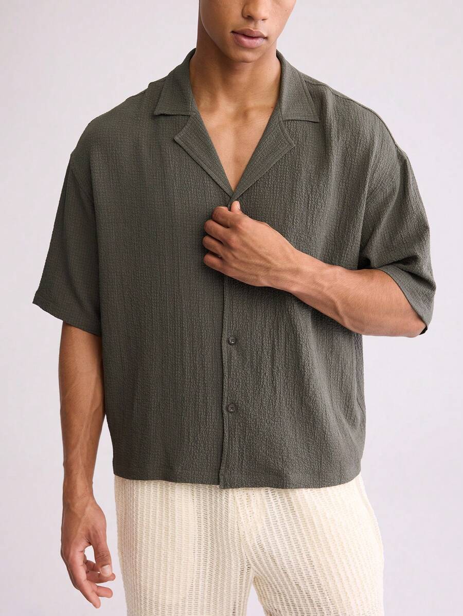 Leon – Herren Oversized Crop Hemd Seersucker Boxy Grün - Image 5