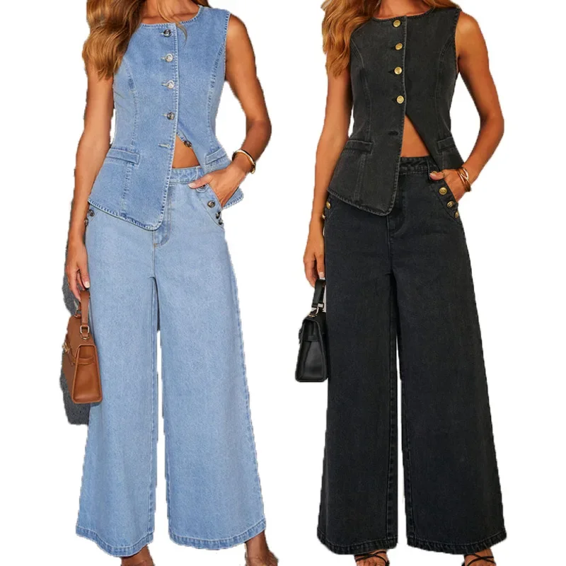 Leona | Stylisches Denim-Zweiteiler-Set mit Weste & Weitbein-Hose - Image 4