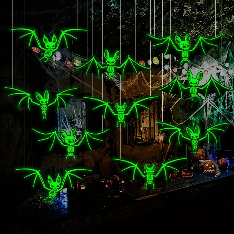 Leuchtendes Fledermaus-Set – 10-teiliges 3D-Halloween-Wand- und Deckendekor aus Kunststoff - Image 2