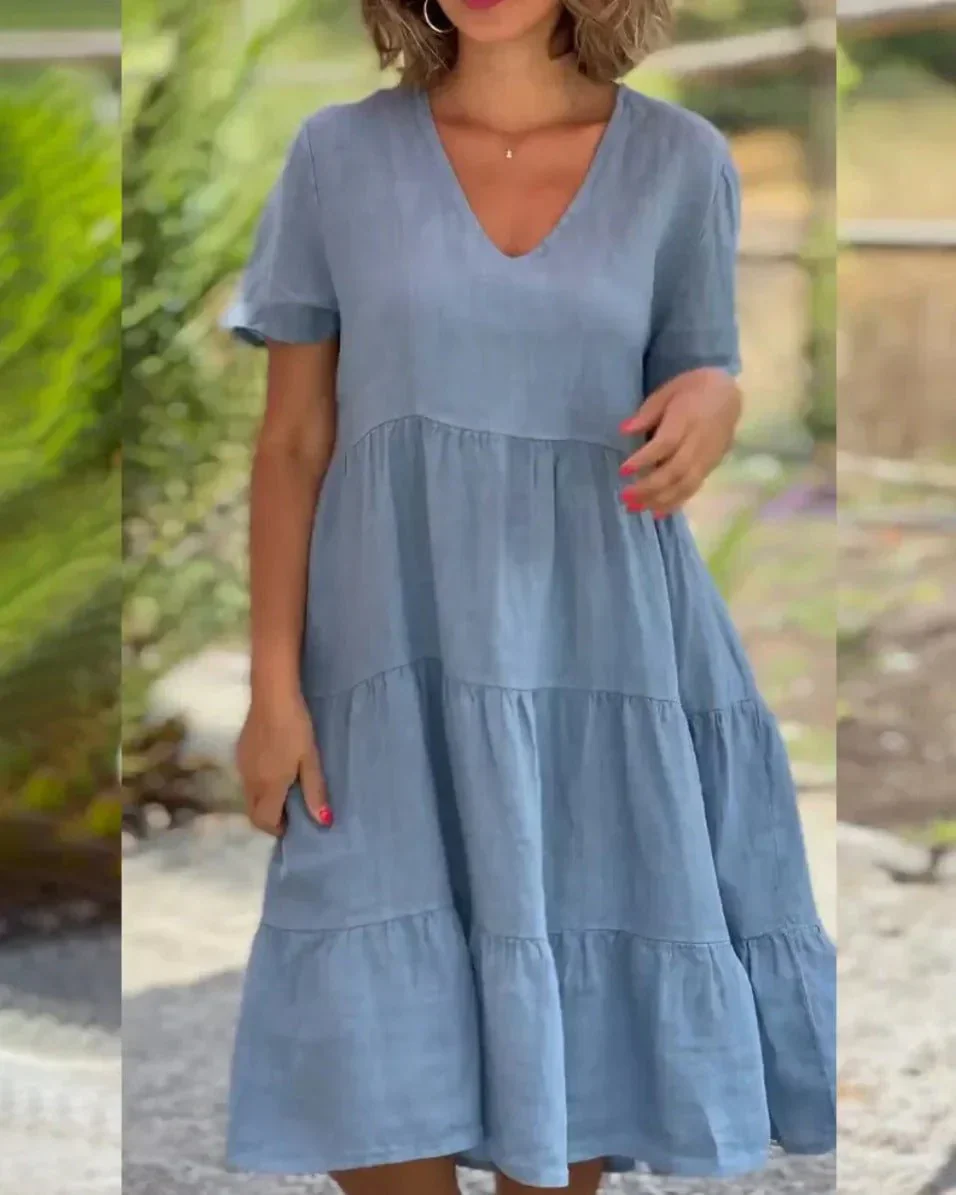 Liliseth – V-Ausschnitt, gestuftes Kurzarm-Midikleid - Image 2