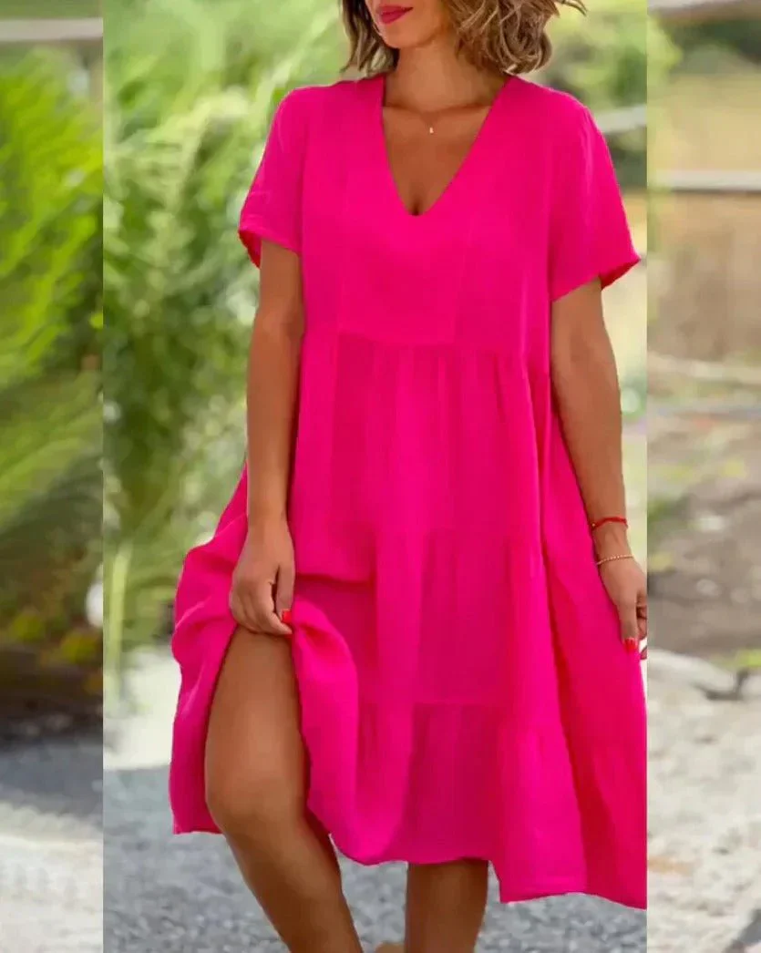 Liliseth – V-Ausschnitt, gestuftes Kurzarm-Midikleid - Image 3