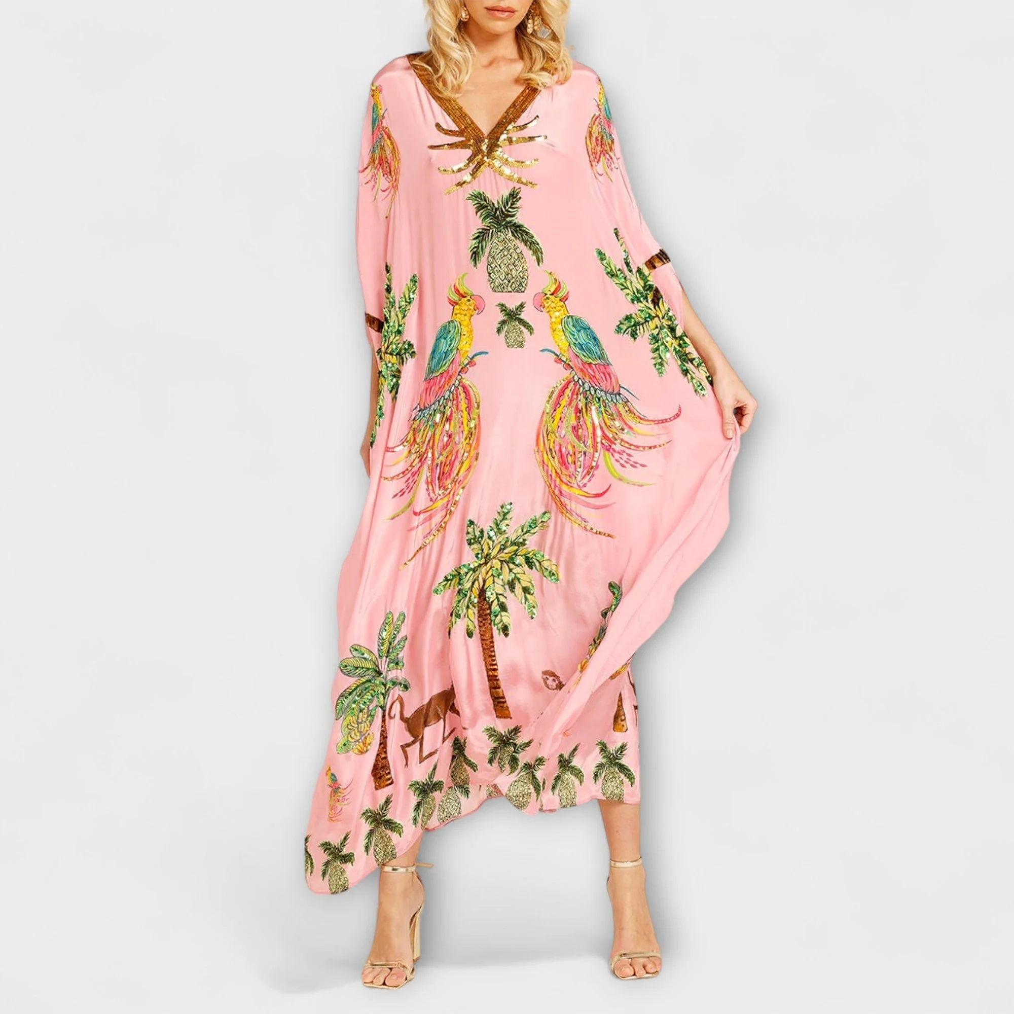 Linda - Elegantes Kleid mit asymmetrischen Schultern und Kokosnussbaum-Muster - Image 2