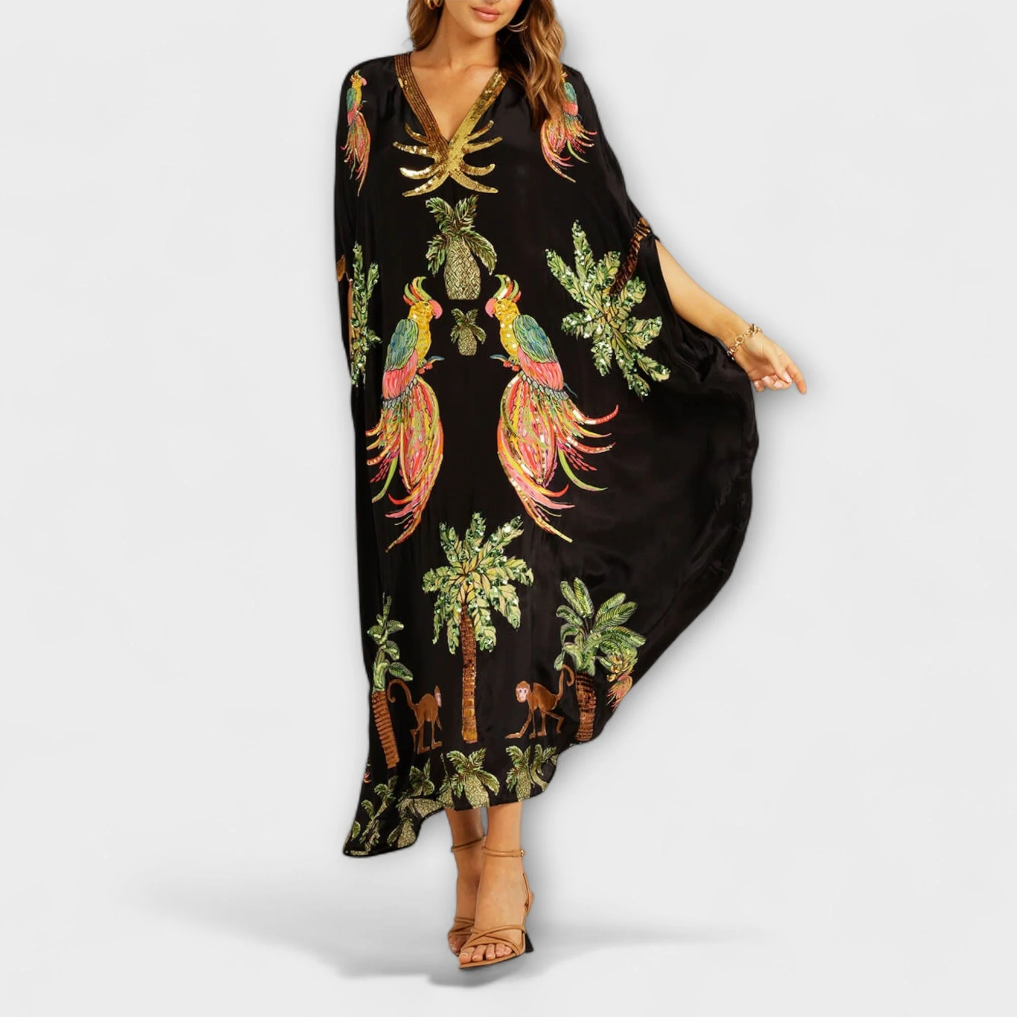 Linda - Elegantes Kleid mit asymmetrischen Schultern und Kokosnussbaum-Muster - Image 6