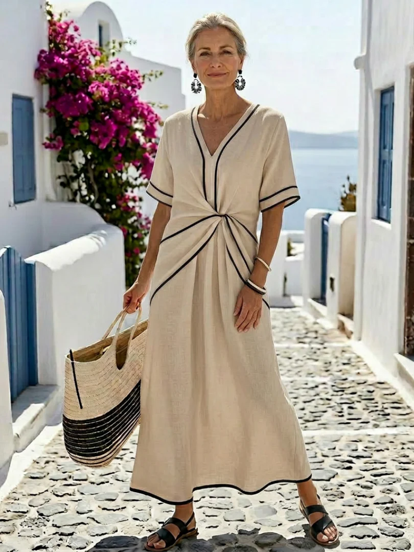 Linnea | Damen Midikleid Geraffter Taille V-Ausschnitt - Image 7