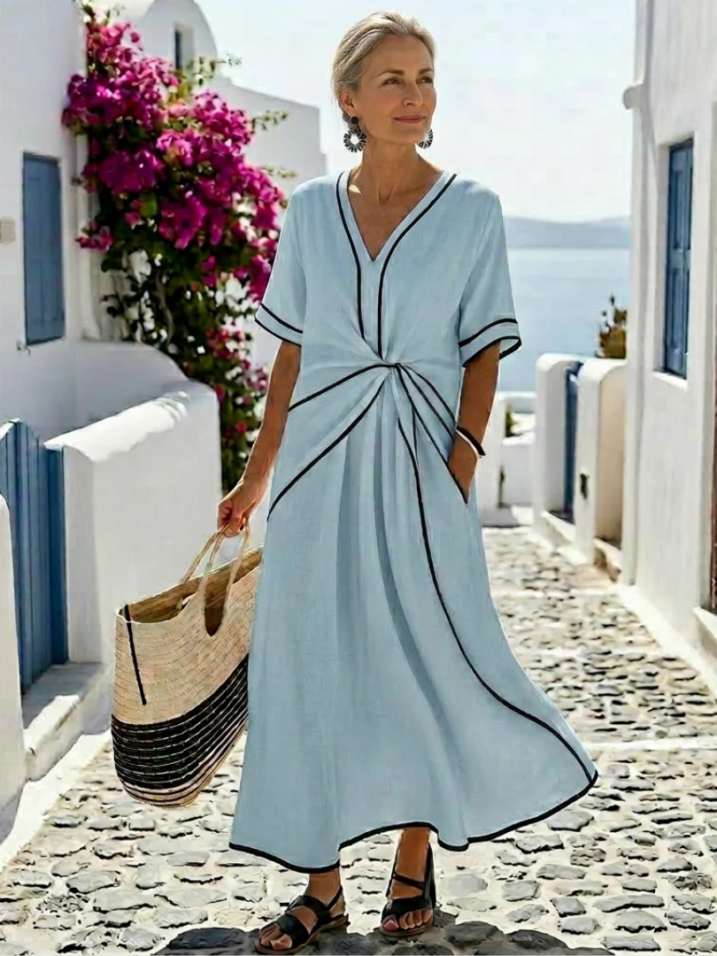 Linnea | Damen Midikleid Geraffter Taille V-Ausschnitt - Image 8
