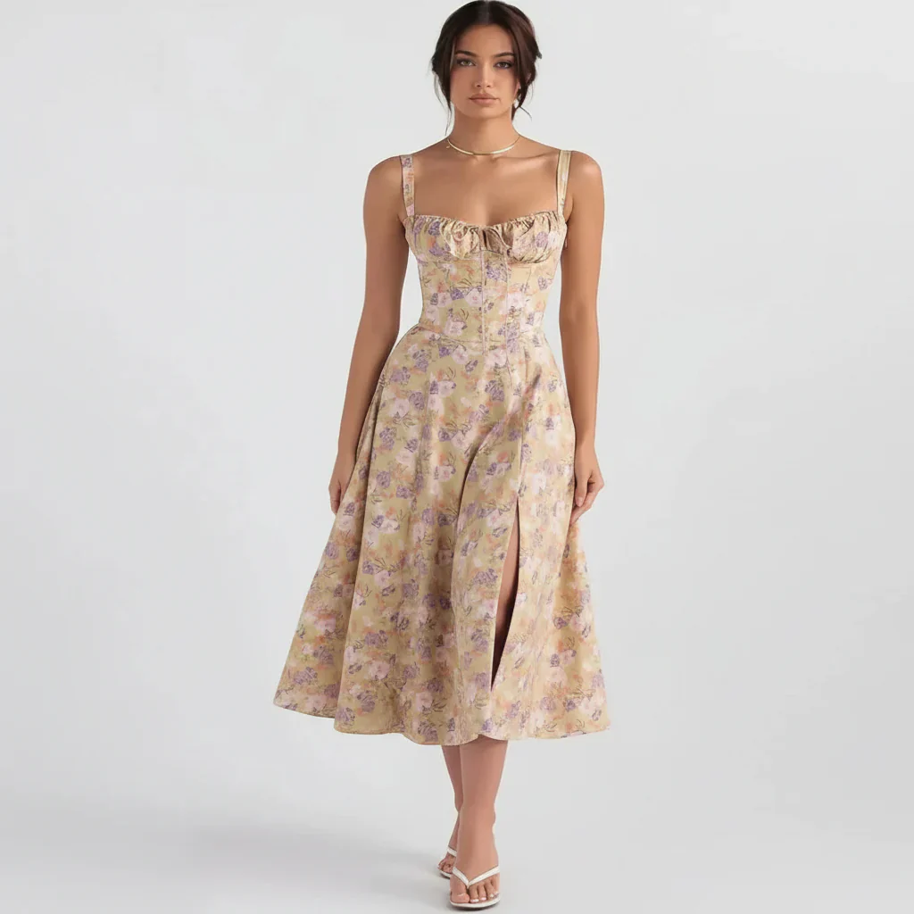 Linda | Damen Blumenkleid Korsett Seitenschlitz Midi – Blumen Korsett Midi 2026 - Image 16