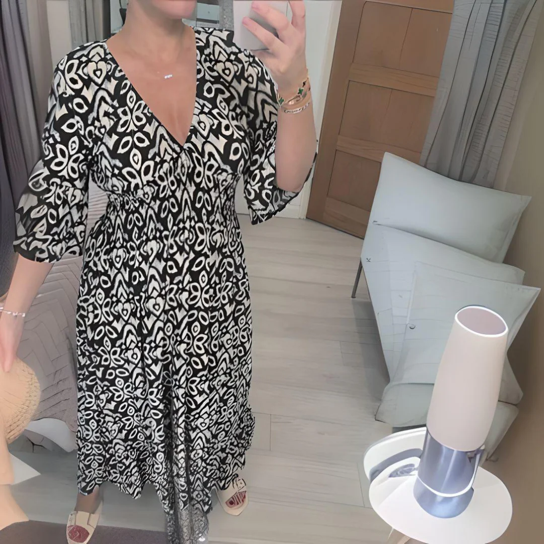 Lockeres Boho-Kleid mit V-Ausschnitt & grafischem Muster – Knöchellang - Image 2