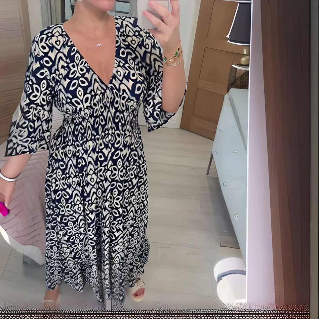 Lockeres Boho-Kleid mit V-Ausschnitt & grafischem Muster – Knöchellang - Image 6
