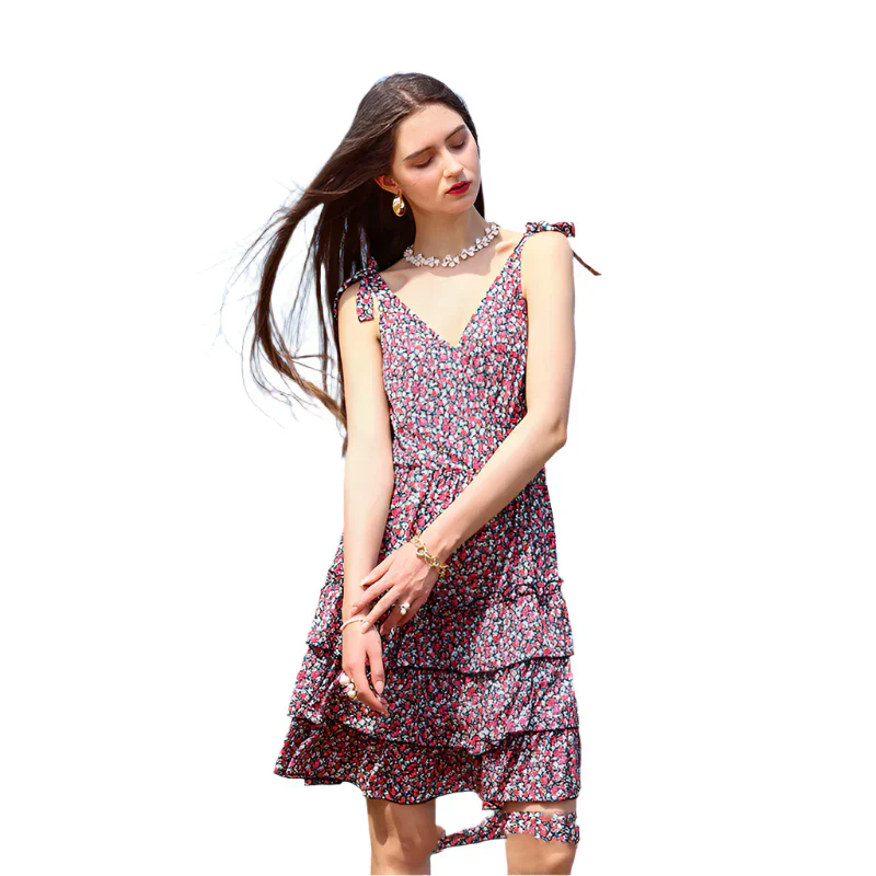 Lorevina – Gestuftes Minikleid mit Rüschen und Blumenmuster und Bindeträgern - Image 2