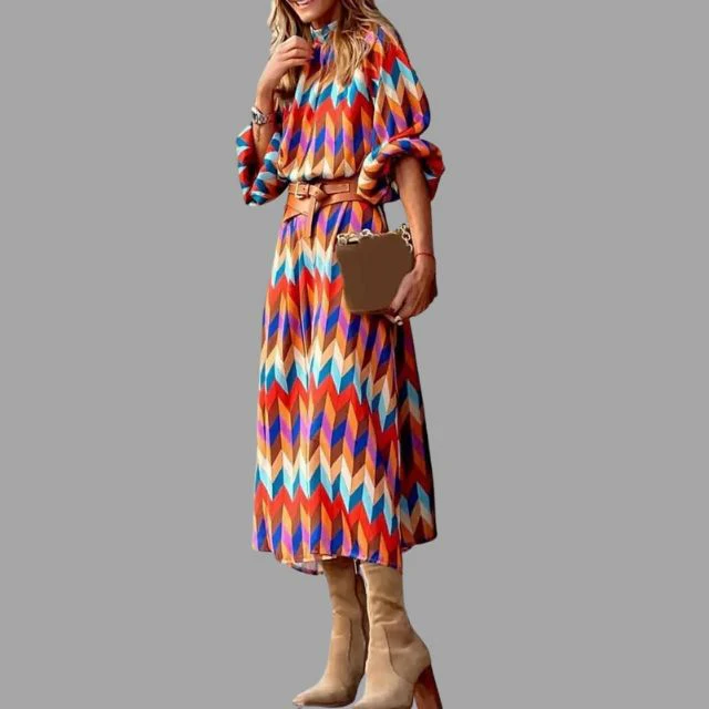 Lotte- Buntes Midikleid mit Fischgrätenmuster und Gürtel - Image 3