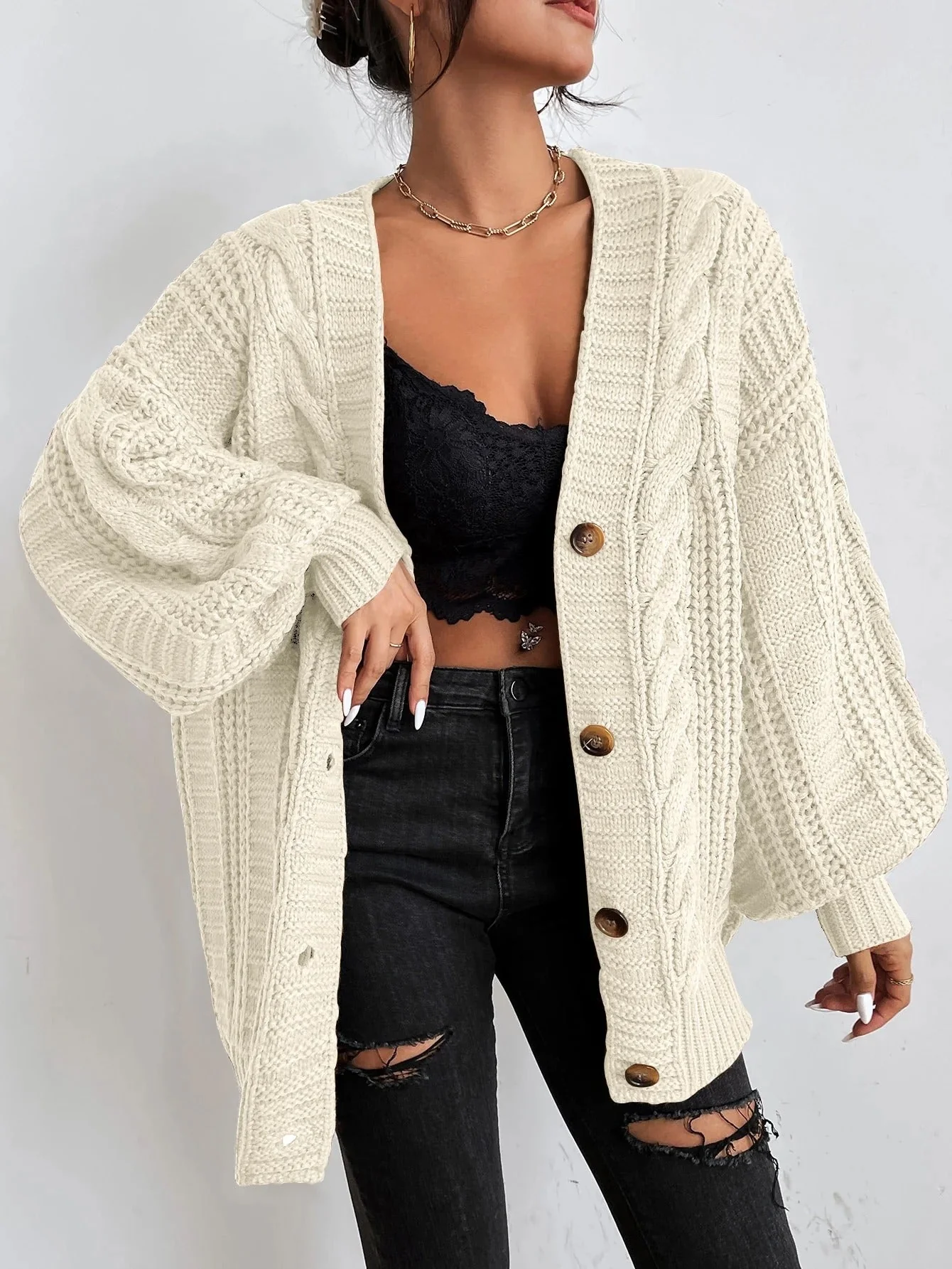 Lucía – Damen Zopfstrick Strickjacke Mit Knopfleiste - Image 8