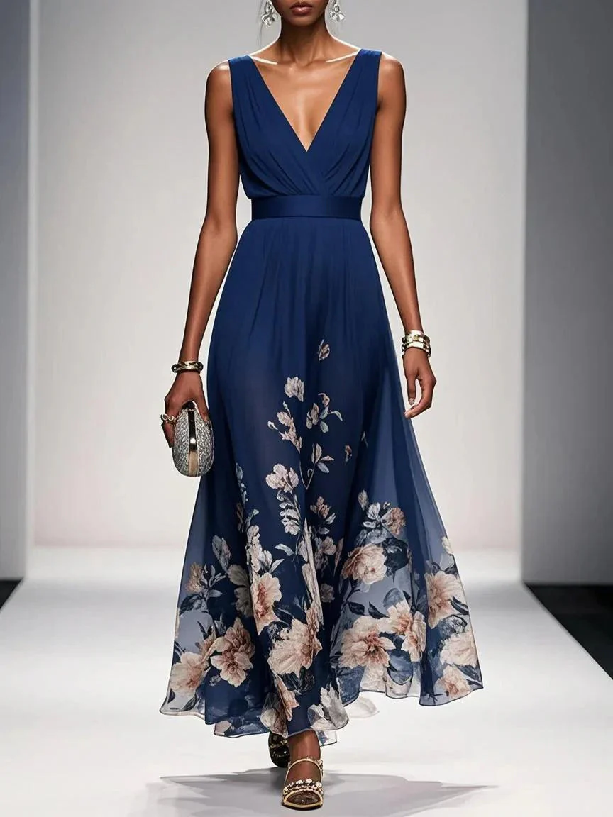 Luftiges Maxikleid Damen V-Ausschnitt Blumendruck Sommer Maxikleider A-Linie für Elegante Tage - Image 3