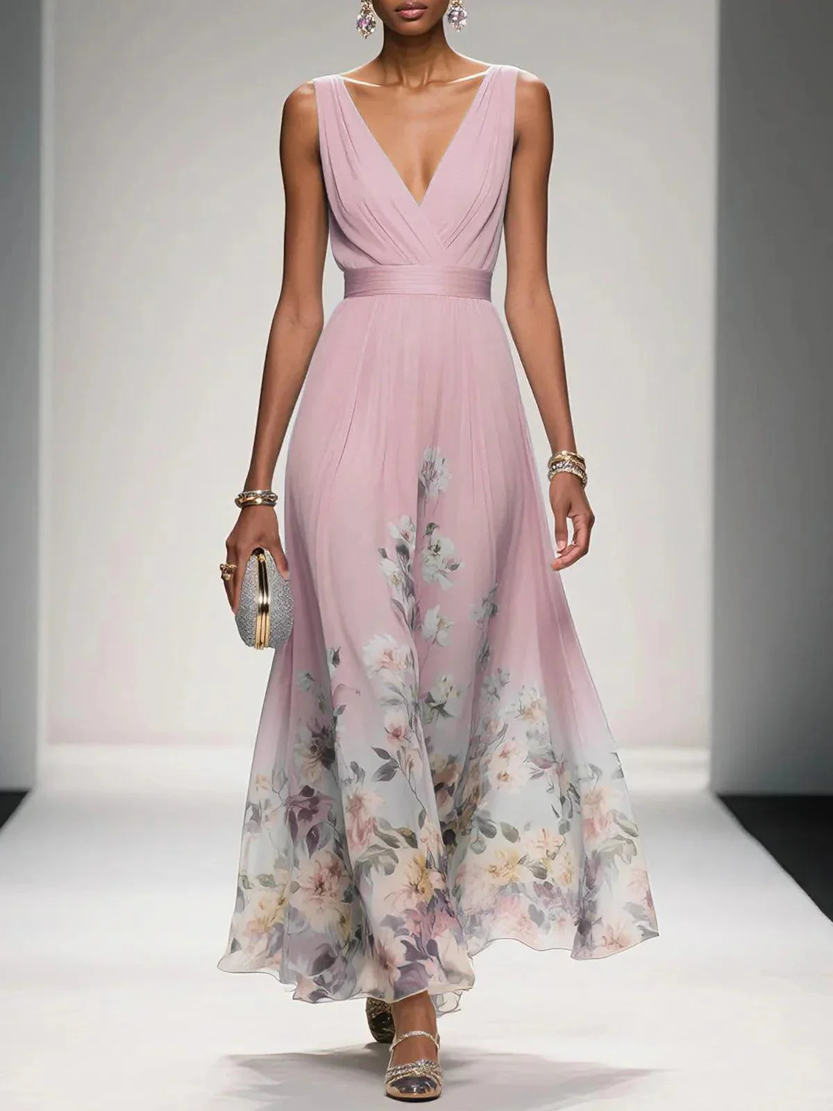 Luftiges Maxikleid Damen V-Ausschnitt Blumendruck Sommer Maxikleider A-Linie für Elegante Tage - Image 6