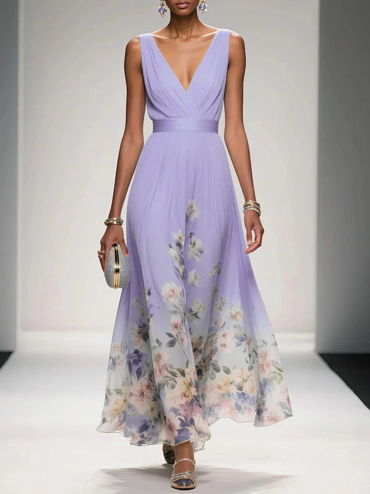 Luftiges Maxikleid Damen V-Ausschnitt Blumendruck Sommer Maxikleider A-Linie für Elegante Tage - Image 7