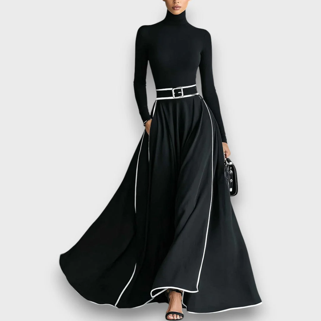 Marceline – Schwarzes Maxikleid mit weißen Nähten