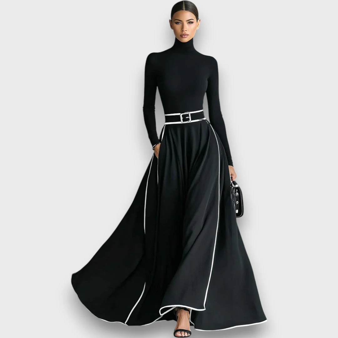 Marceline – Schwarzes Maxikleid mit weißen Nähten - Image 6