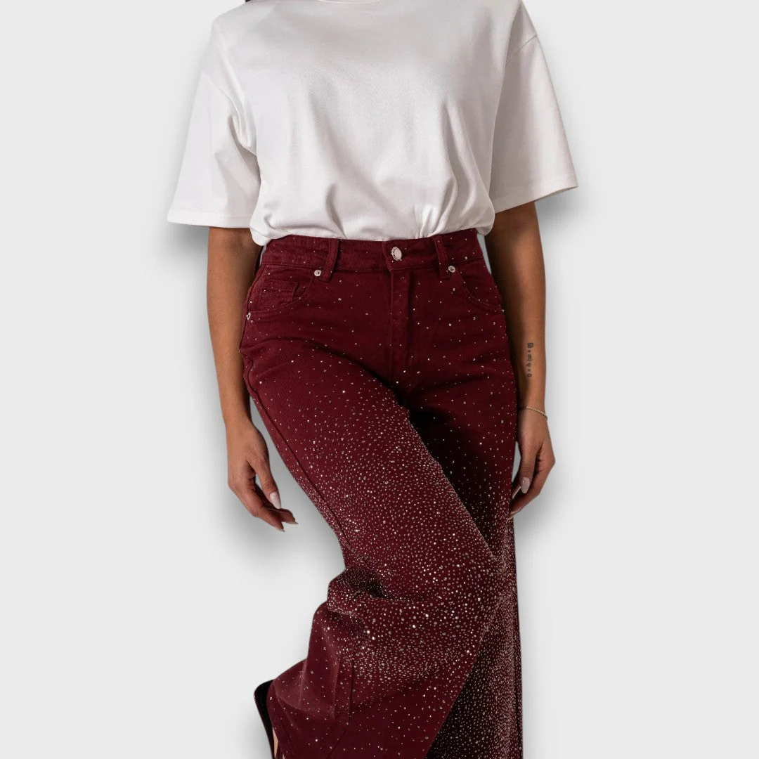 Marvie – Strassverzierte Wide-Leg Jeans in Bordeaux - Image 2