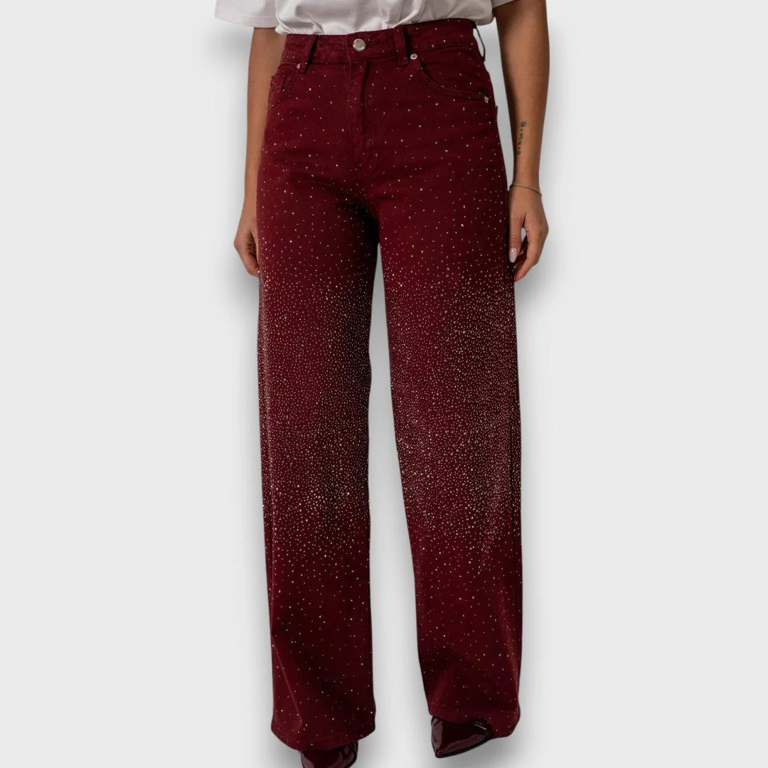 Marvie – Strassverzierte Wide-Leg Jeans in Bordeaux - Image 4
