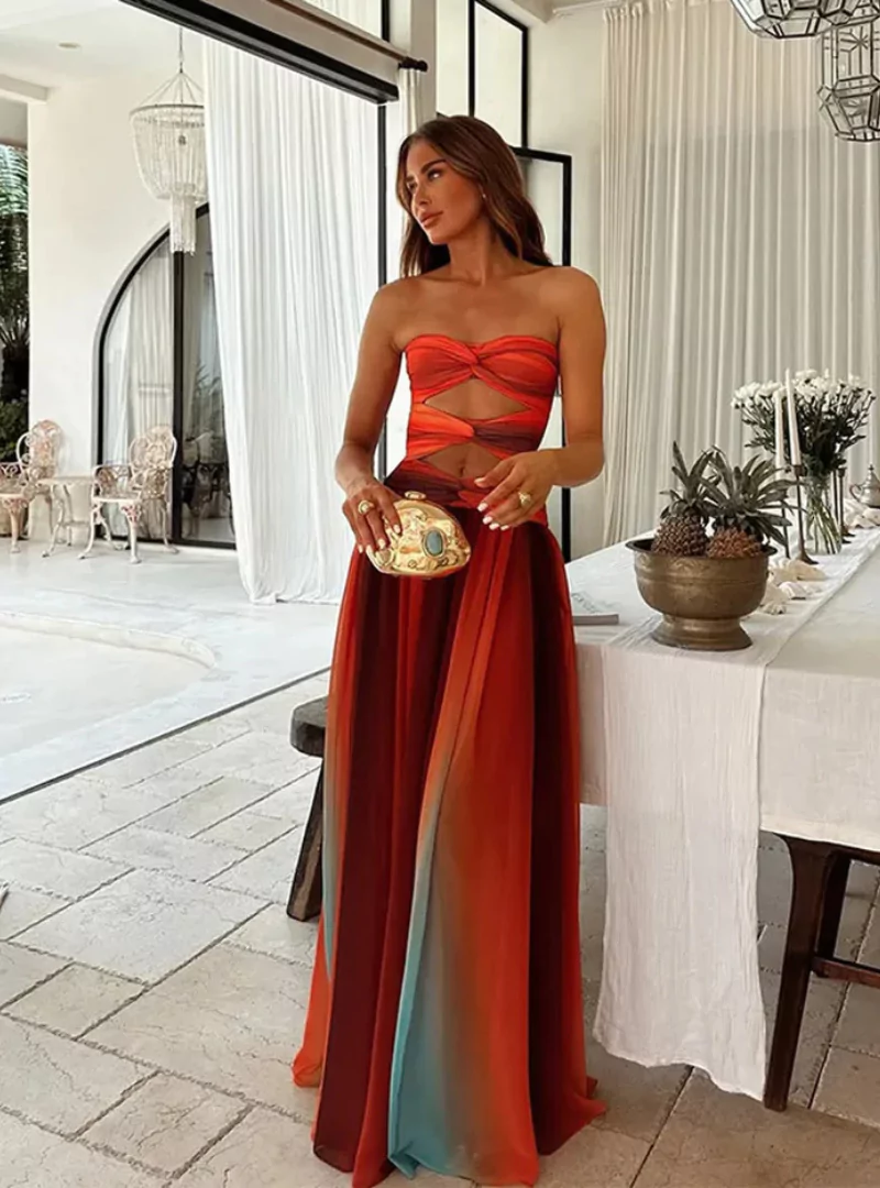 Maxi Sommerkleid mit Cut-Outs & Bandeau-Top – Farbverlauf Rot-Orange - Image 6