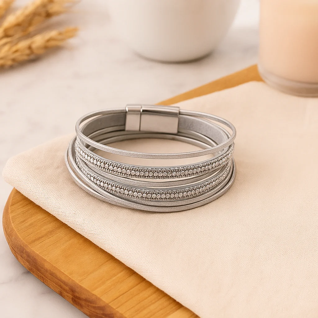 Mehrlagiges Lederarmband für Damen – Roségold mit Perlen und Kristall-Akzenten - Image 3