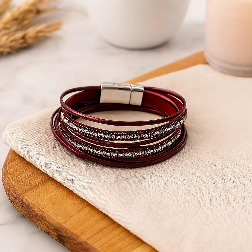 Mehrlagiges Lederarmband für Damen – Roségold mit Perlen und Kristall-Akzenten - Image 4