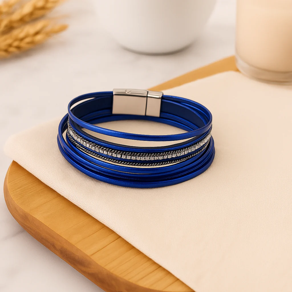 Mehrlagiges Lederarmband für Damen – Roségold mit Perlen und Kristall-Akzenten - Image 5
