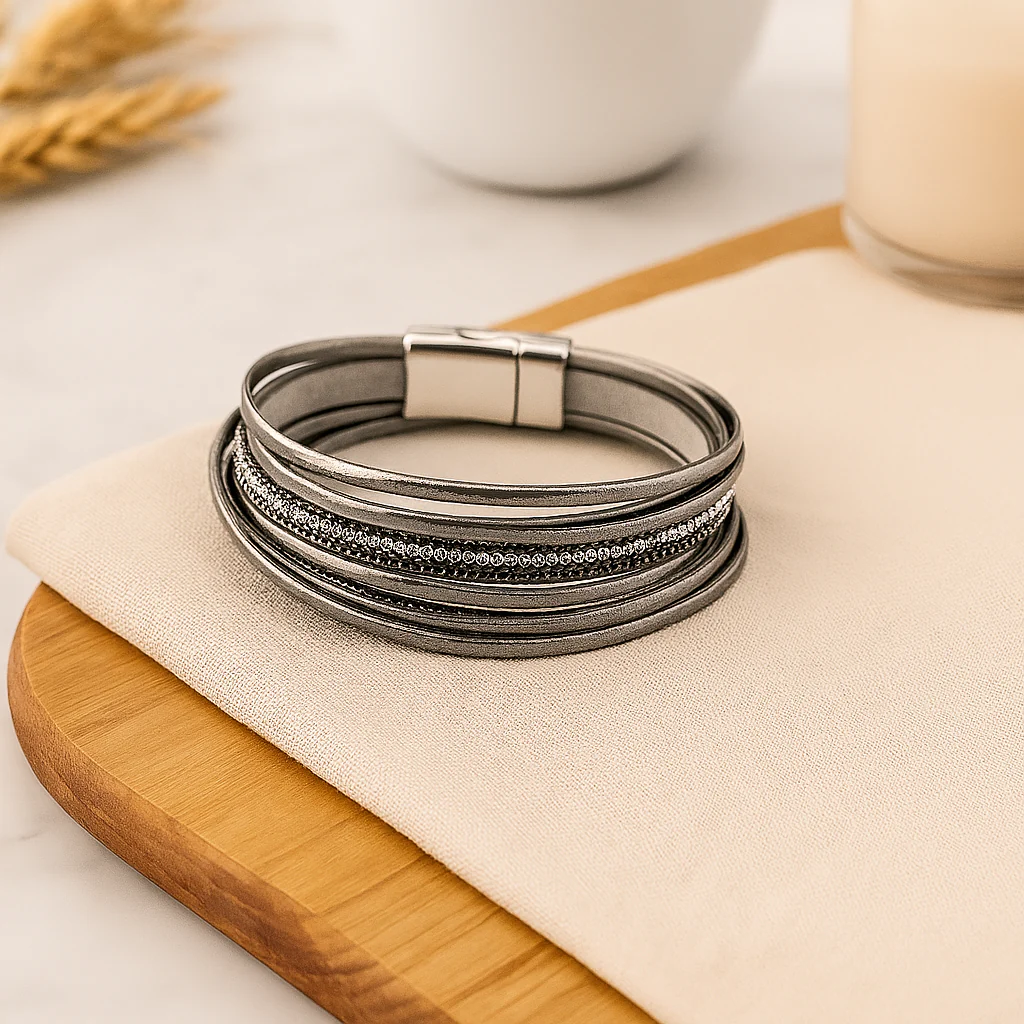 Mehrlagiges Lederarmband für Damen – Roségold mit Perlen und Kristall-Akzenten - Image 7