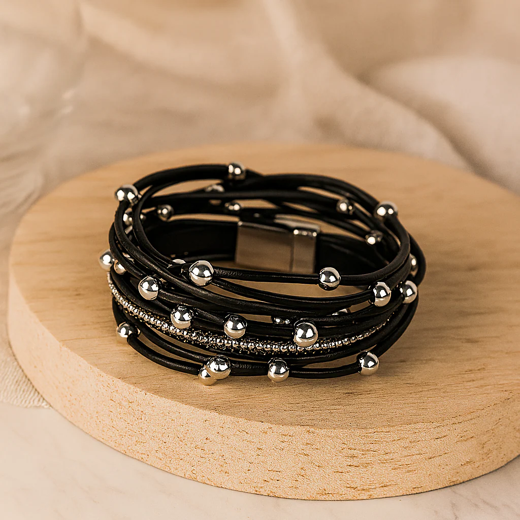 Mehrlagiges Lederarmband für Damen – Roségold mit Perlen und Kristall-Akzenten - Image 8