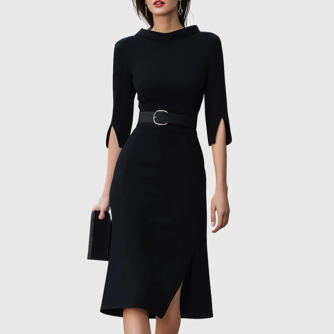 Melanie | Damen Elegantes Gürtel Midi Kleid - Image 3