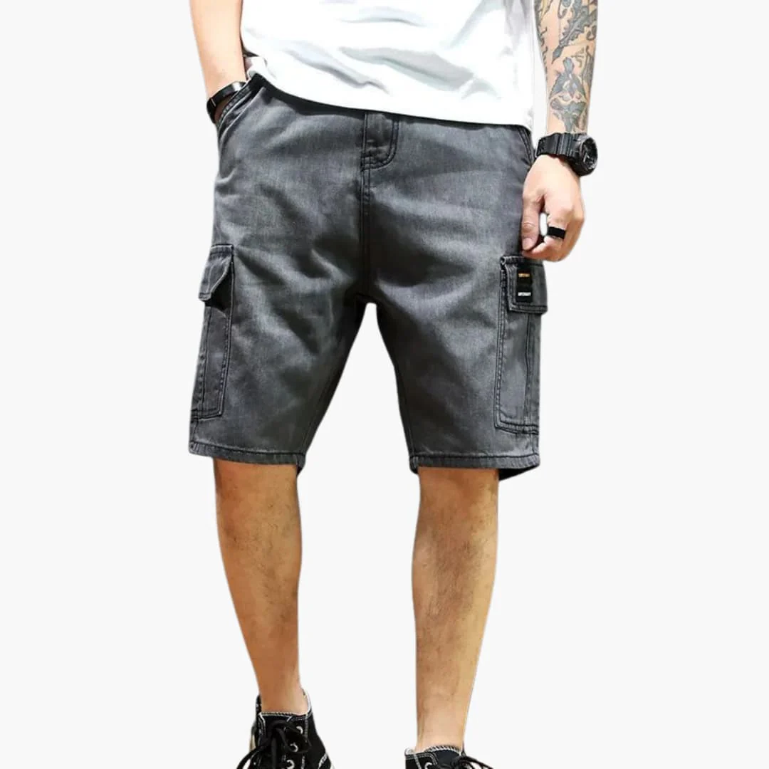 Men’s denim cargo shorts with pockets and vintage wash - Image 2
