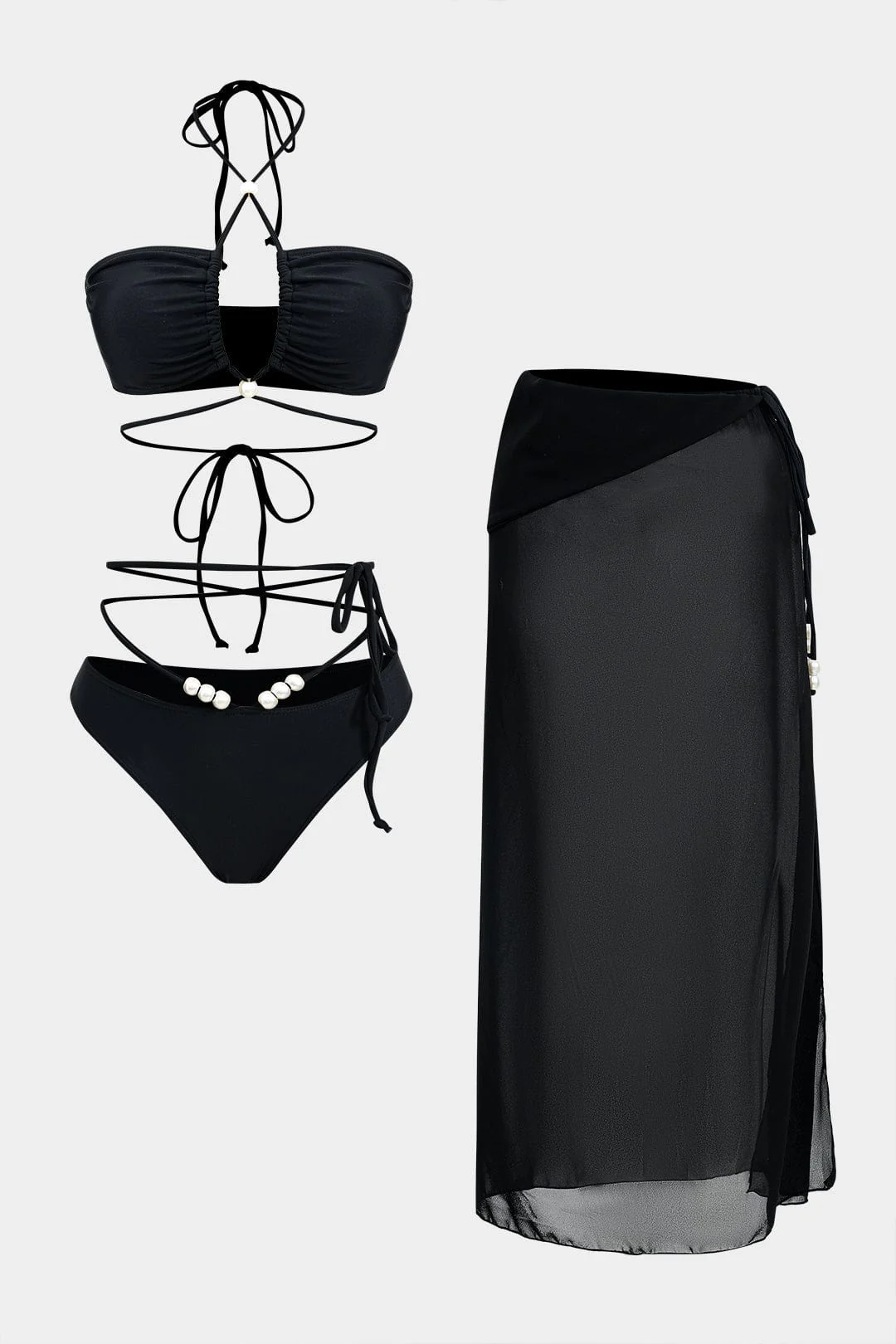 Meredith | Dreiteiliges Bikini-Set mit Wickelband-Design, Perlen-Details und transparentem Pareo - Image 9