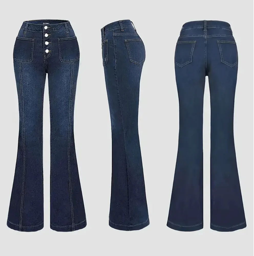 Merta – Damen Stretch Schlagjeans – Knopfverschluss & All-Season Passform - Image 2